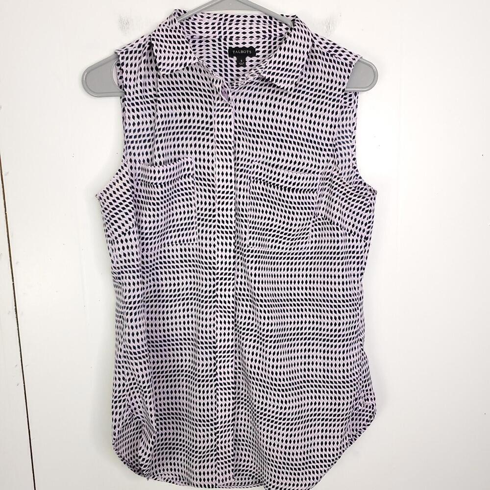 Talbots Top Womens S Diamond Button Down Sleeveless Shell Front Pockets Career